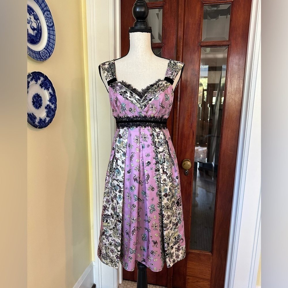 Nanette Lapore | Vintage 100% Silk Floral Midi Dress with Lace Detail, Size 0